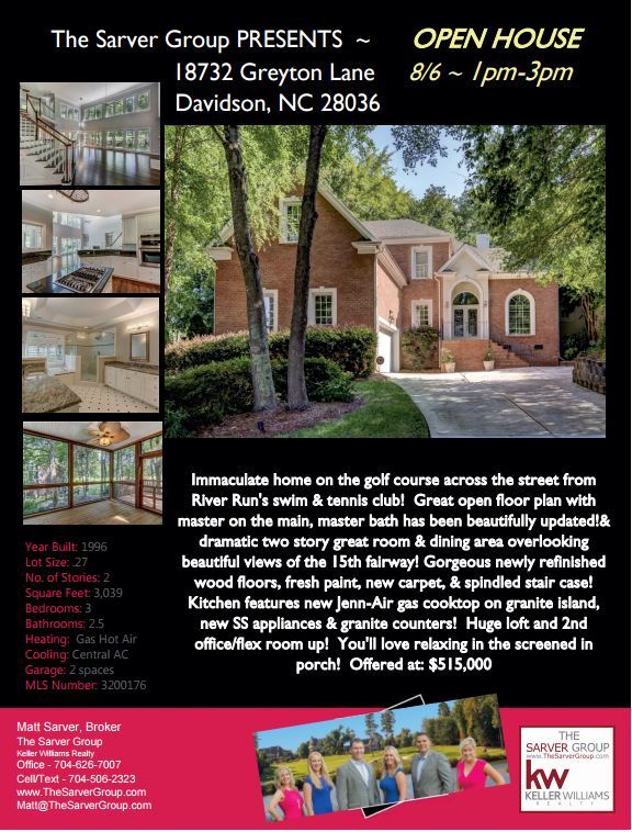 18732 Greyton Lane Davidson, NC 28036Open House 8/6